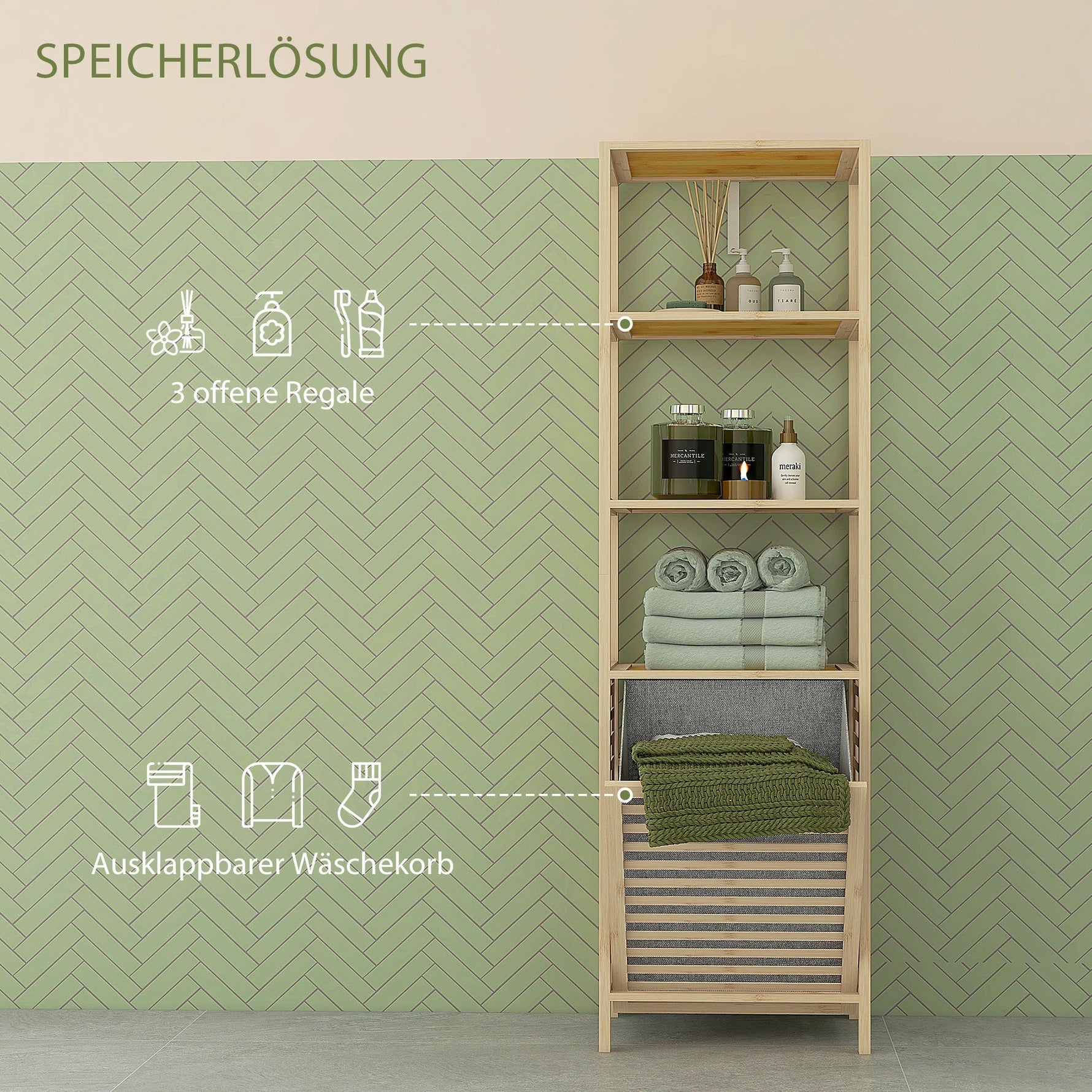 Bamboo Bathroom Shelf, 3 Open Shelves, Extendable Basket, Natural