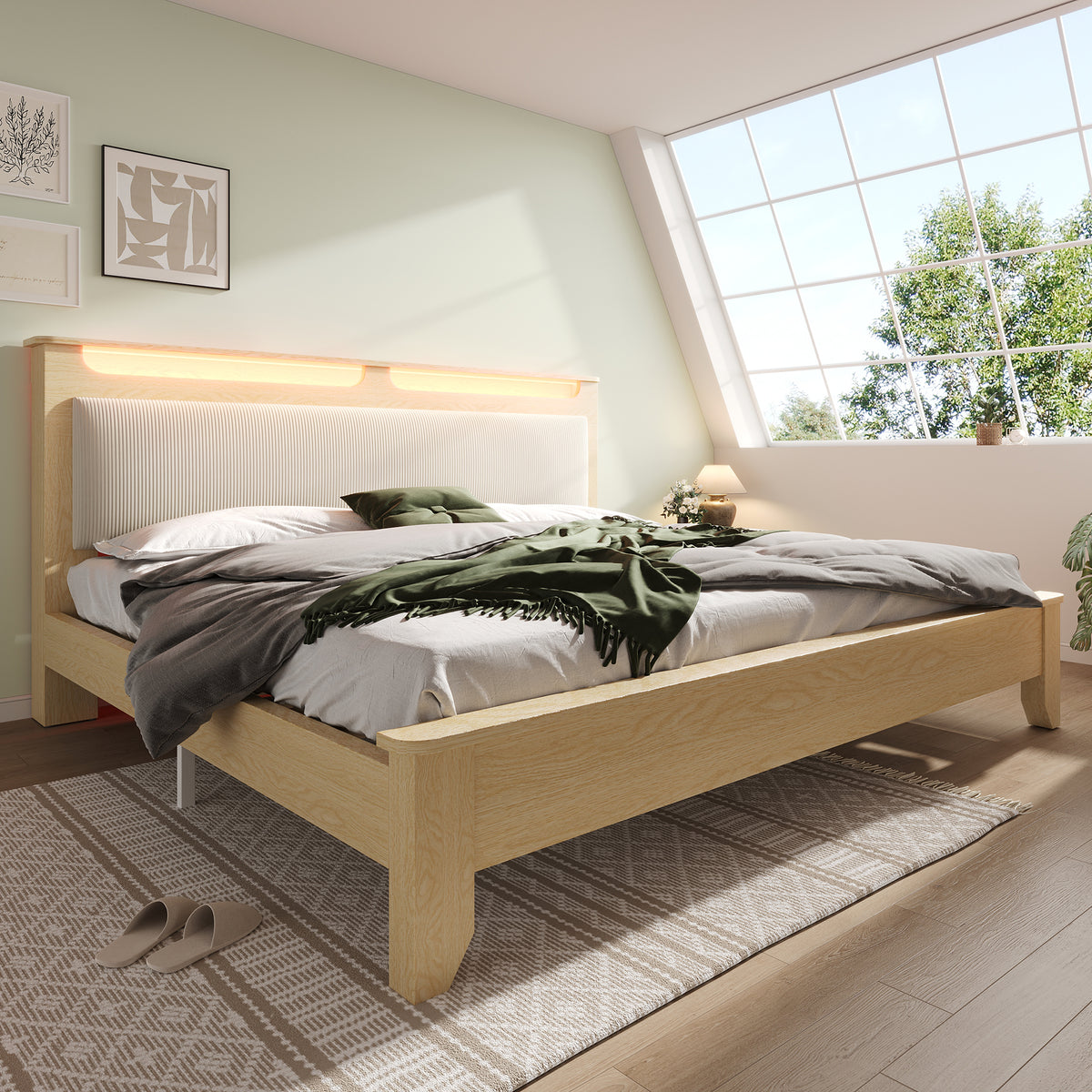 Wooden Double Bed 160x200cm with Storage & LED, Light Oak