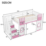 Loft Bed with Storage Stairs and Window, 90x200cm, White and Pink Pine Wood + MDF