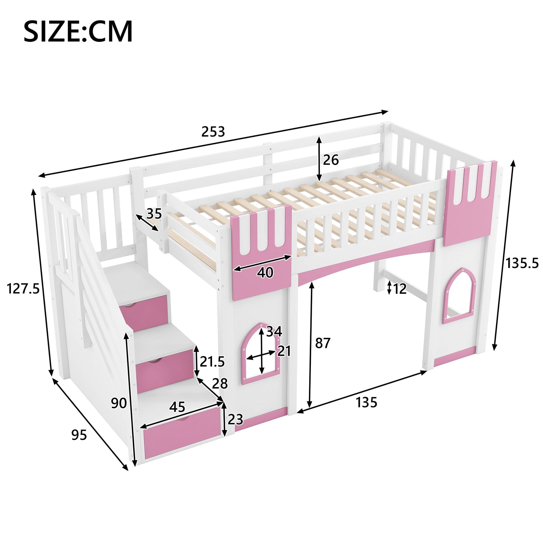 Loft Bed with Storage Stairs and Window, 90x200cm, White and Pink Pine Wood + MDF
