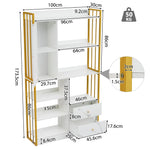 Bookcase, 6-Shelf Vertical with Doors & Drawers, Industrial Steel, White Marbled with Gold Frame