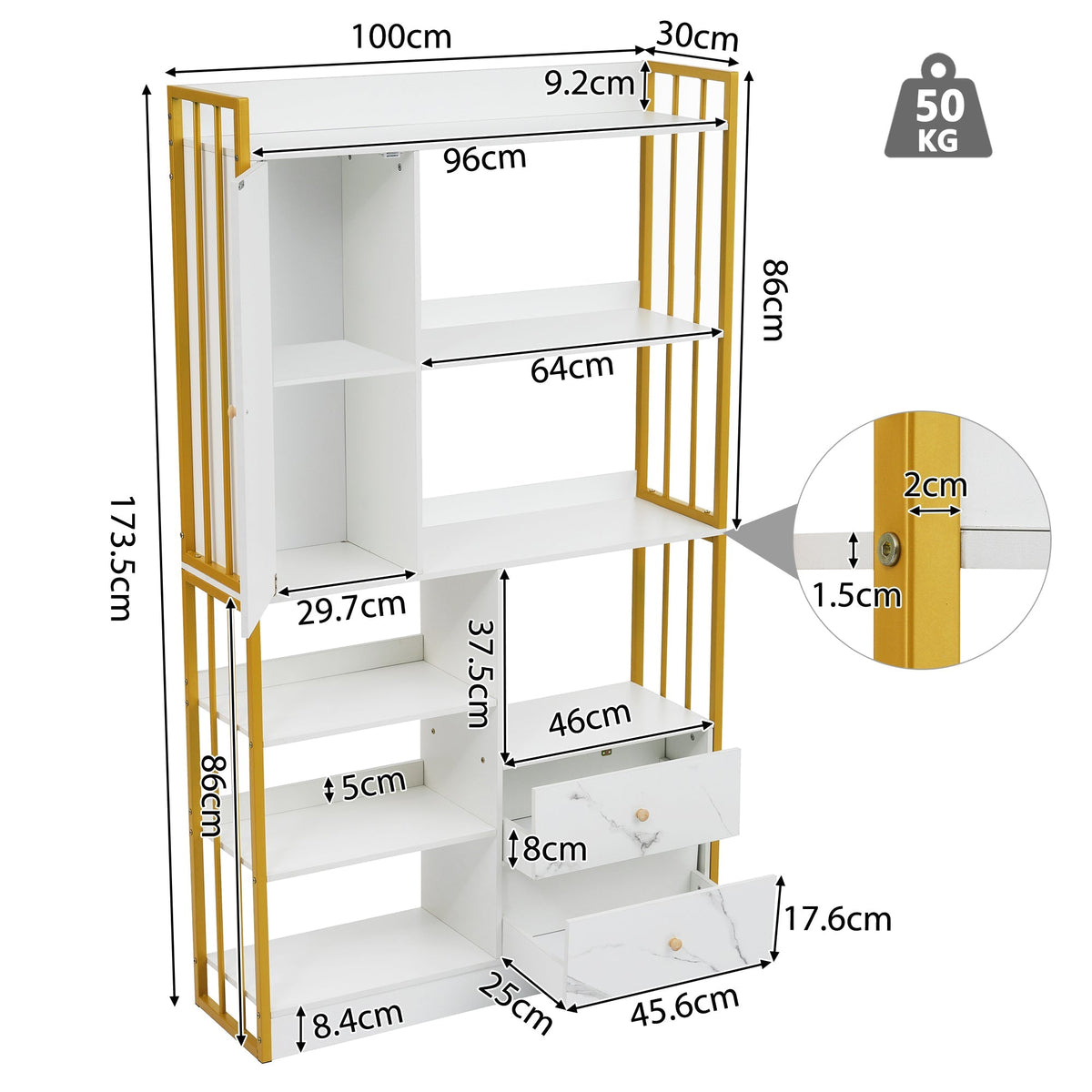 Bookcase, 6-Shelf Vertical with Doors & Drawers, Industrial Steel, White Marbled with Gold Frame