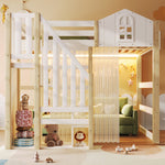 Loft Bed with LED Lights, Window Design and Storage Ladder, White and Natural