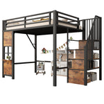 Loft Bed 140x200 cm with Storage Ladder, Black Iron Frame