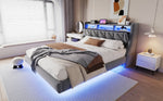 Upholstered Bed 180x200 cm, Fold-Down Headboard with Socket Storage & LED Lighting, Floating Design, Velvet Grey