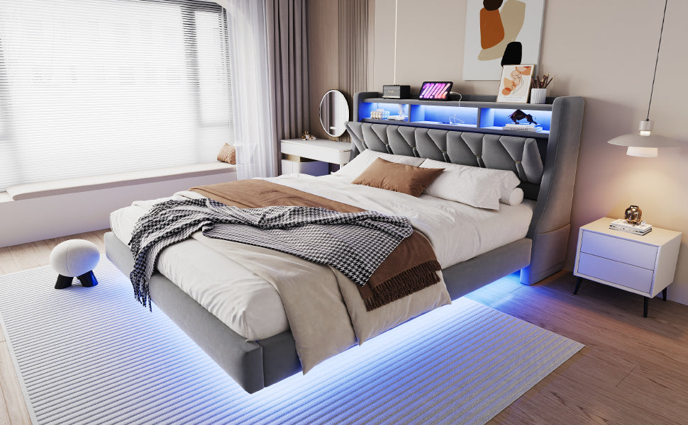 Upholstered Bed 180x200 cm, Fold-Down Headboard with Socket Storage & LED Lighting, Floating Design, Velvet Grey