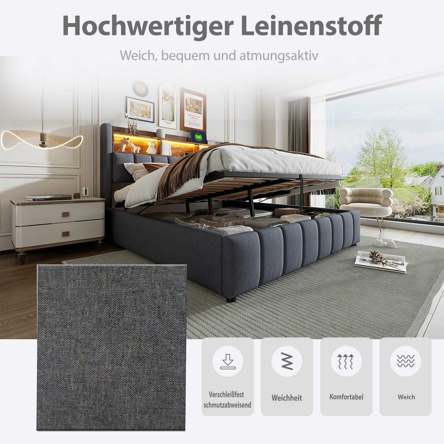 Upholstered Bed 180x200cm LED USB Hydraulic Storage Headboard | Linen Fabric Grey