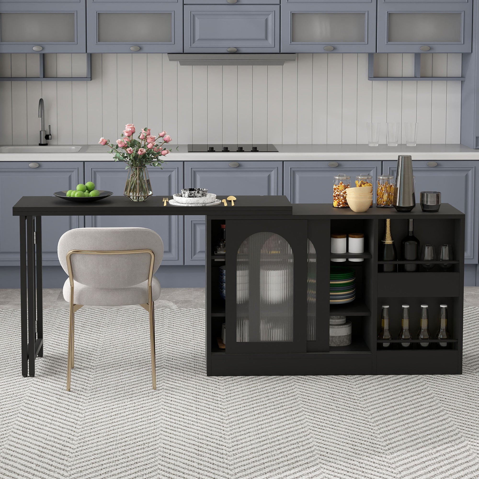 Bar Table, Extendable 360° Rotating with Storage & Glass Cabinet, Black