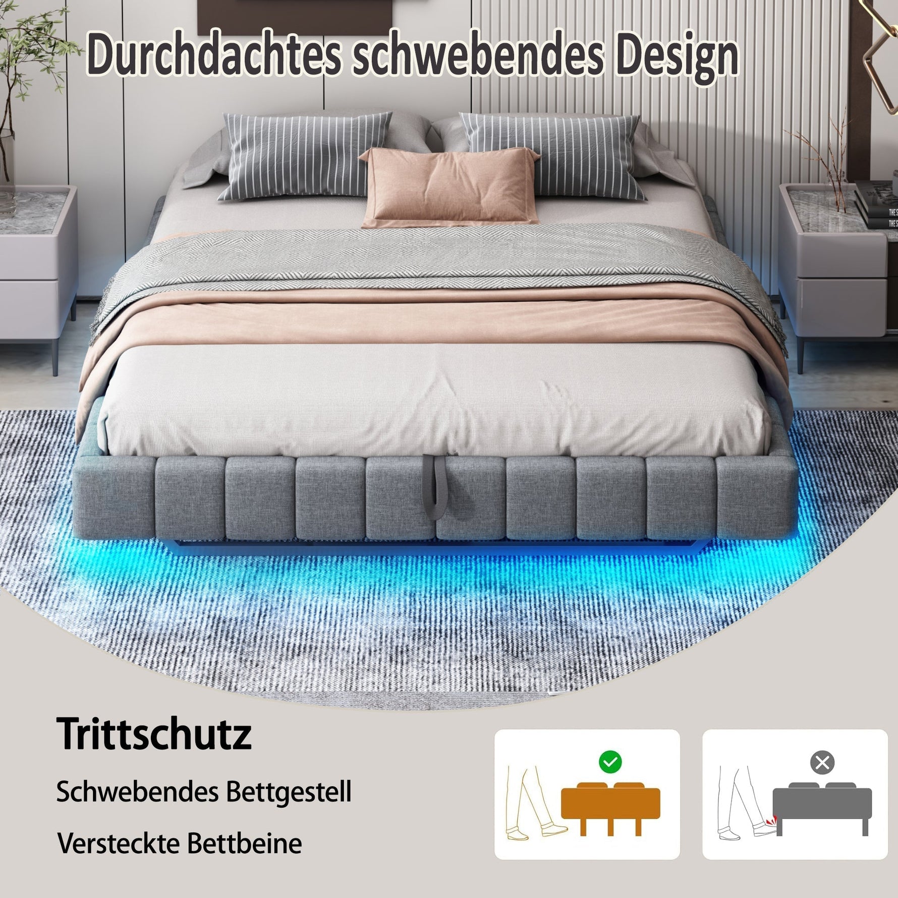 Upholstered Bed 180x200cm Hydraulic Storage LED Light Floating Frame, Linen Grey