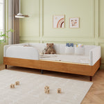 Upholstered Single Bed with 2 Storage Pockets and Anti-Collision Edge, 90x200cm, White Velvet and Wood