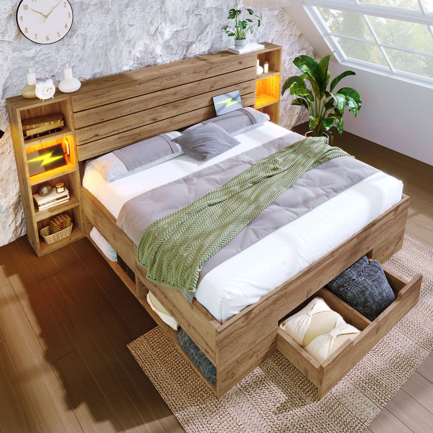 Double Bed 160x200 Storage LED USB-C Headboard Drawers Solid Wood Oak