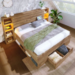 Double Bed 160x200 Storage LED/USB Headboard Drawers Solid Wood Oak
