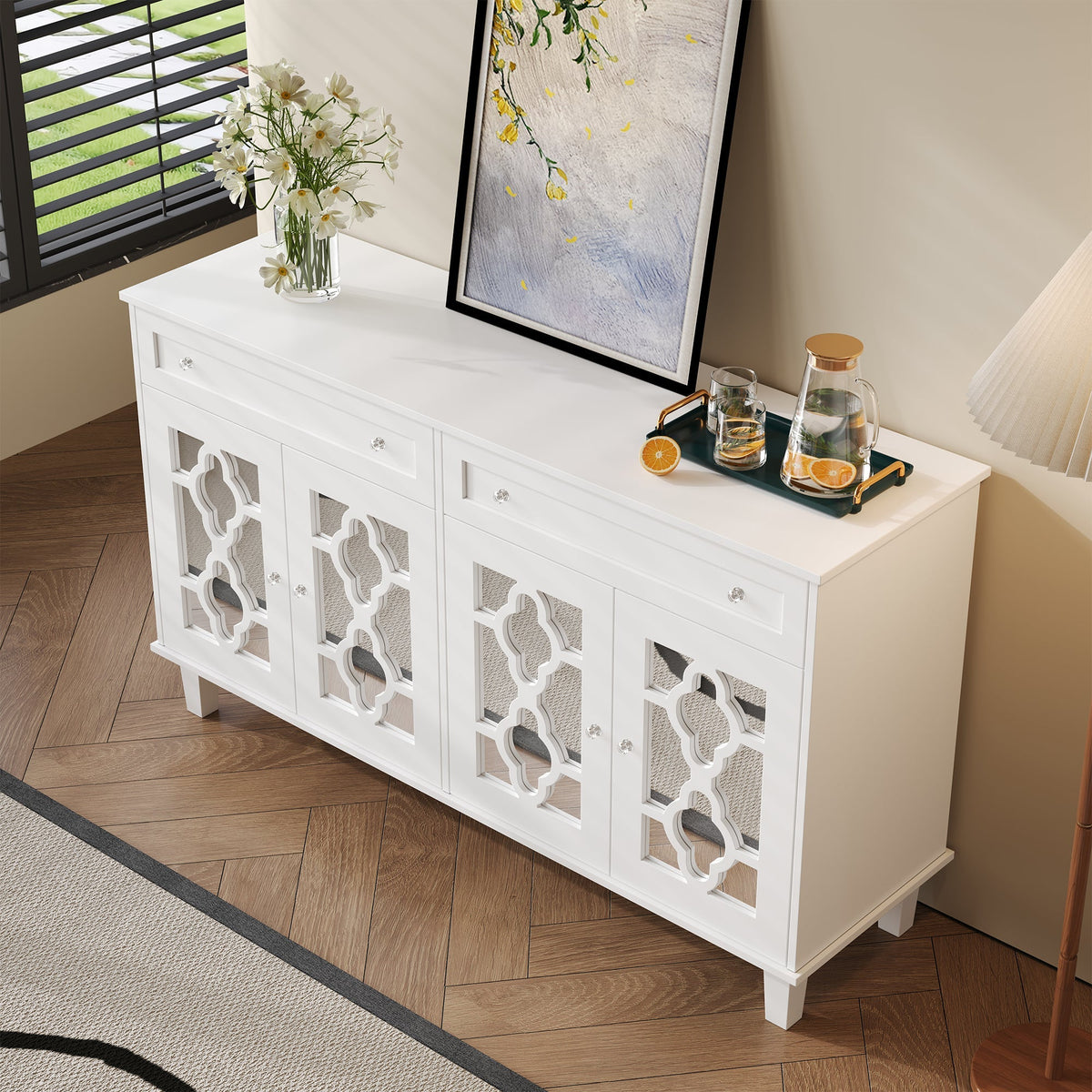 Sideboard Mirrored Doors Drawers Adjustable Shelves, Crystal Handles