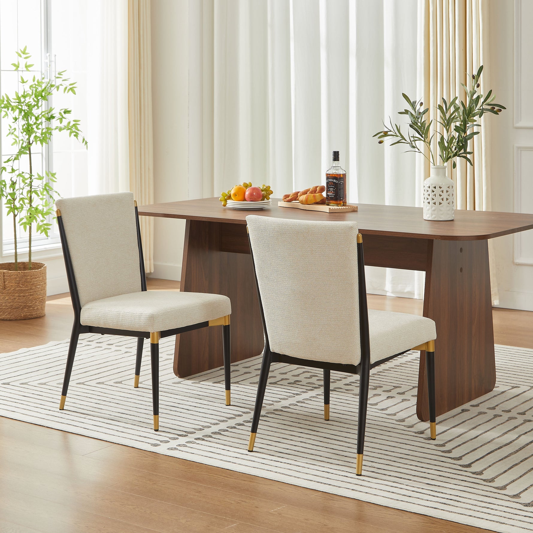 Set of 2 Dining Chairs Scandinavian Style Black/Gold Legs - Cream Fabric