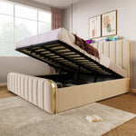 Upholstered Bed, Double Headboard with USB-C Charging, Hydraulic Storage, Beige Linen
