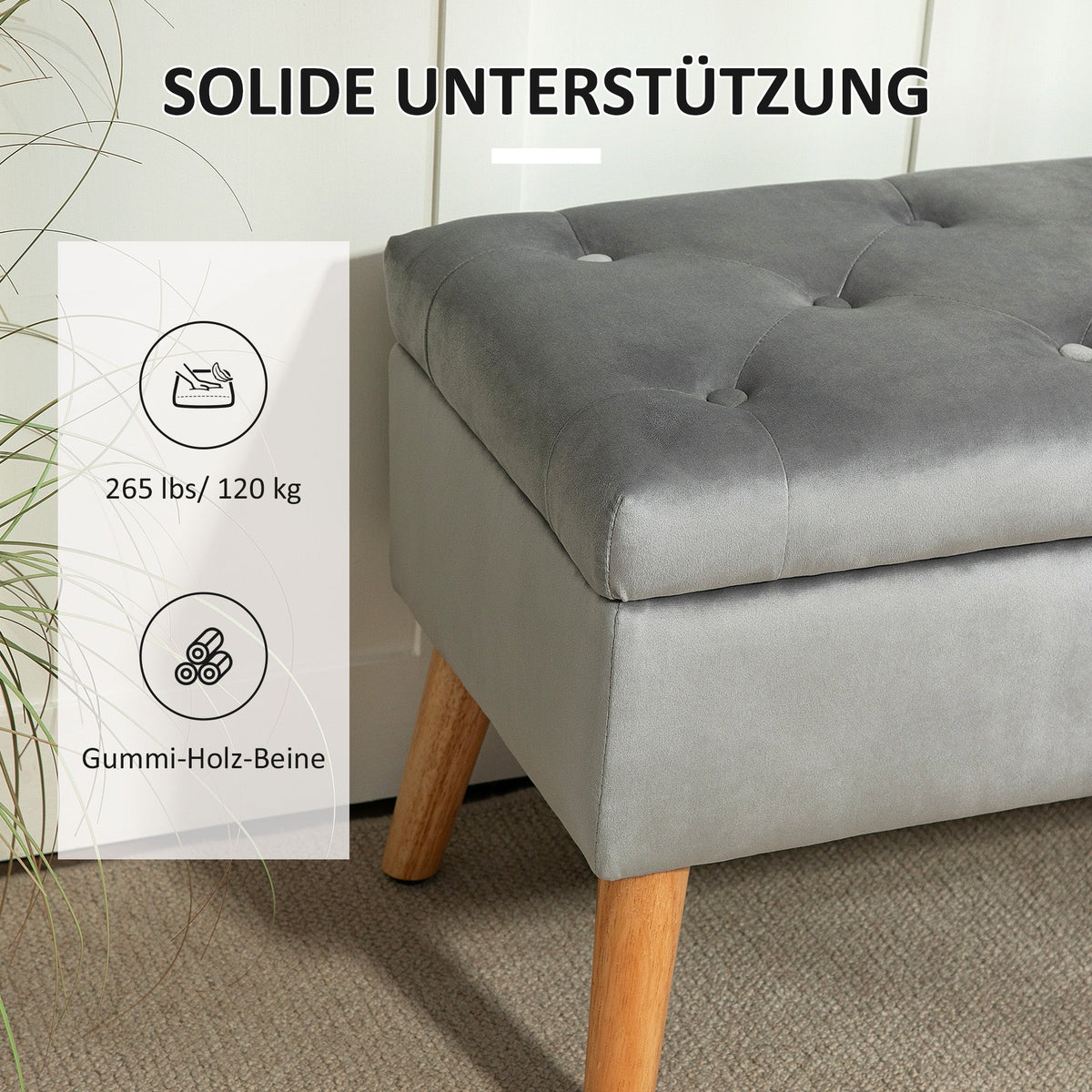 Storage Bench, Upholstered Velvet Look Bed Bench with Lid, Rubberwood Grey