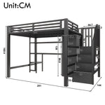 Metal Loft Bed with Desk, Shelf, Wardrobe and Storage Stairs, 140x200cm, Black Metal
