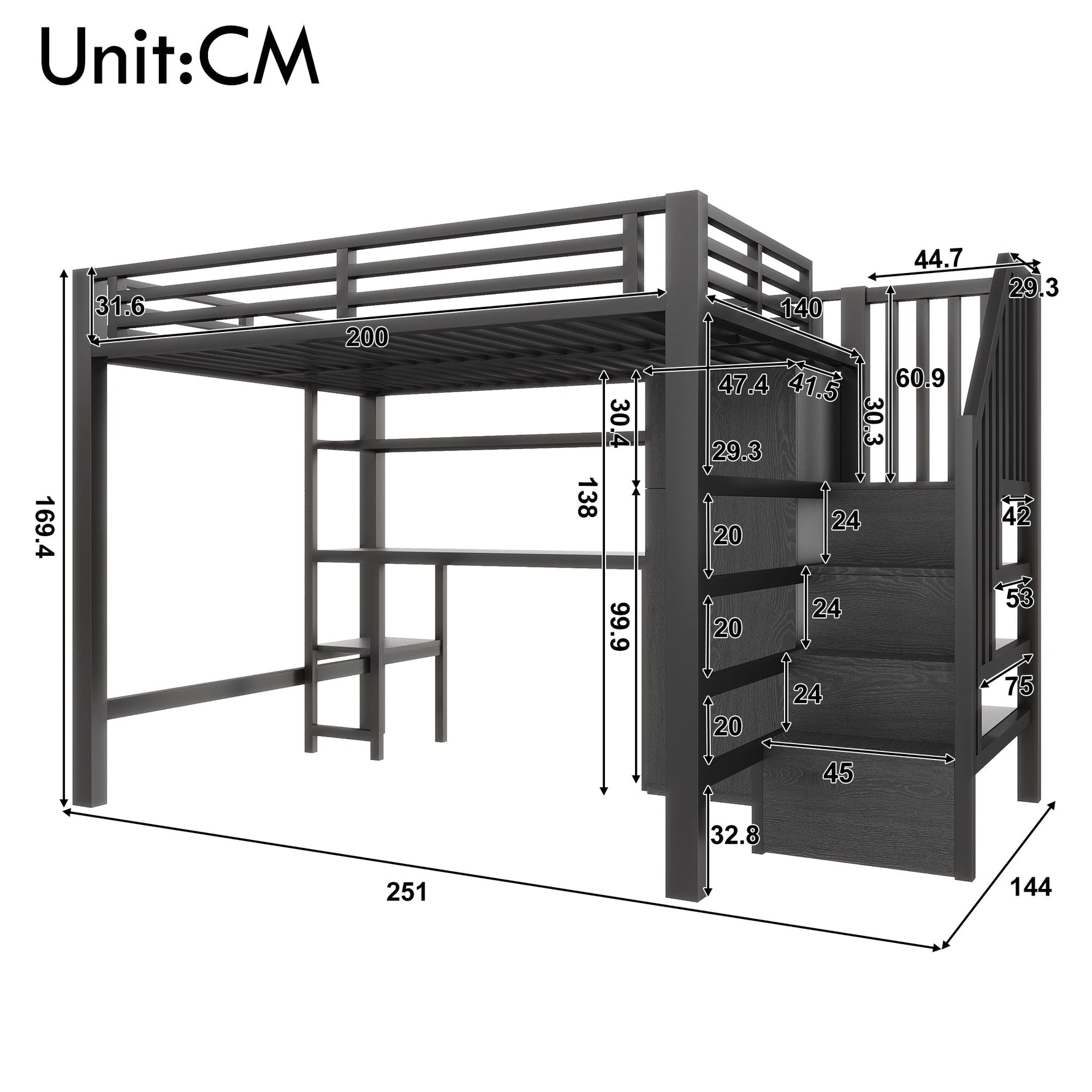 Metal Loft Bed with Desk, Shelf, Wardrobe and Storage Stairs, 140x200cm, Black Metal