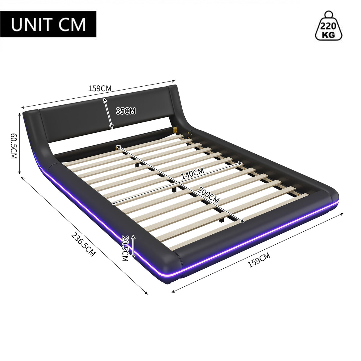 Floor Bed 140x200cm LED Ambient Light - PU Black