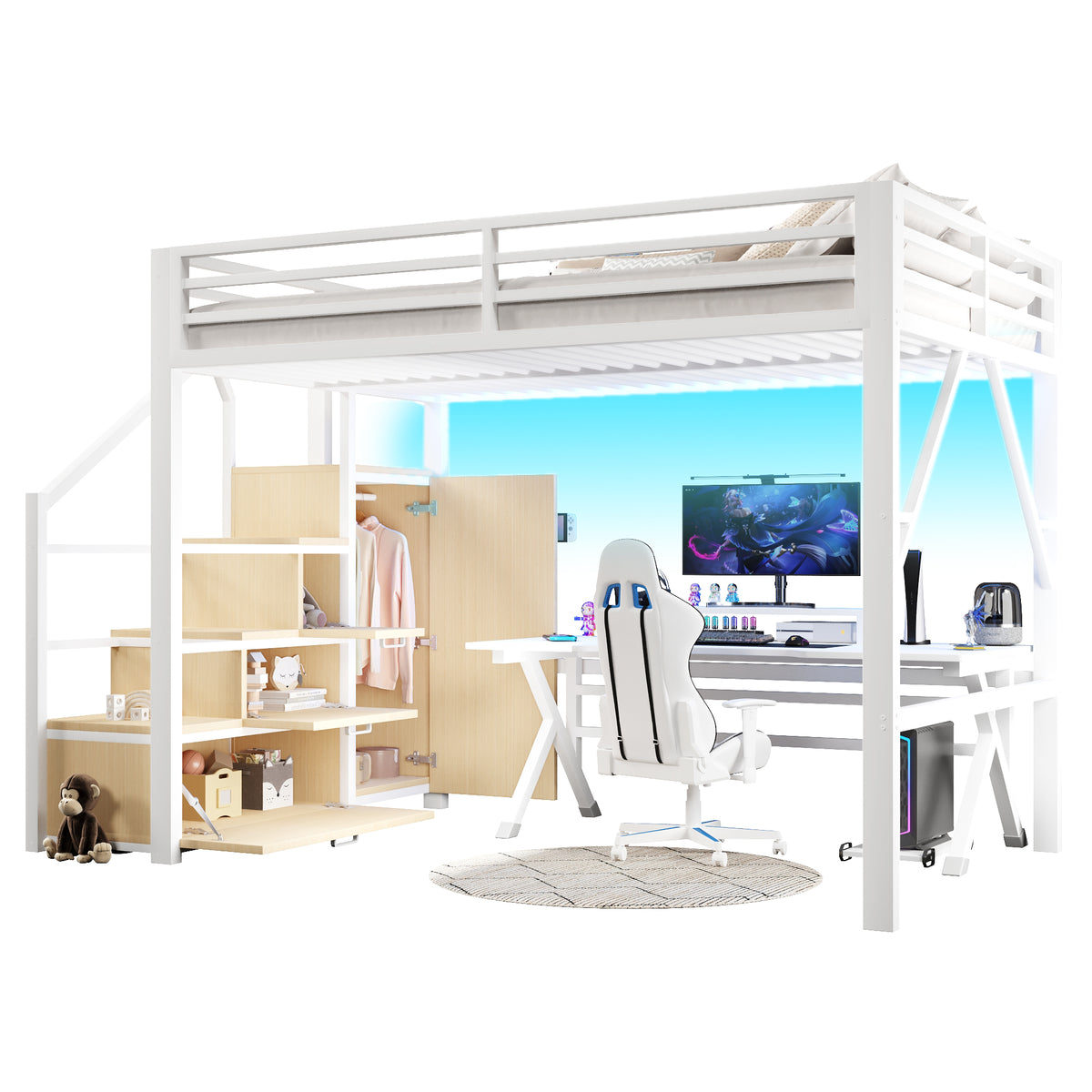 Loft Bed 140x200cm with Storage & Wardrobe in White Metal