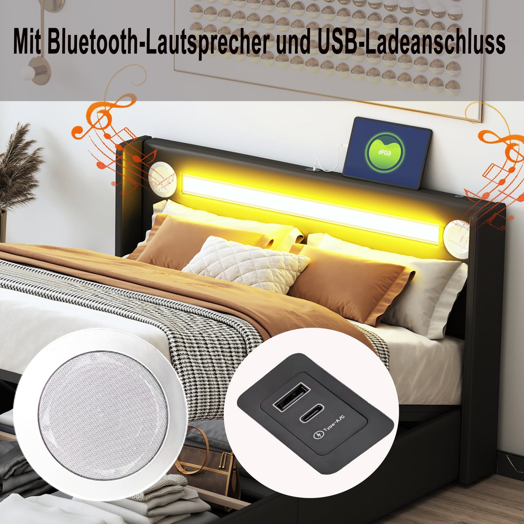 Upholstered Bed, 160x200cm LED & Bluetooth Storage, Black PU Leather