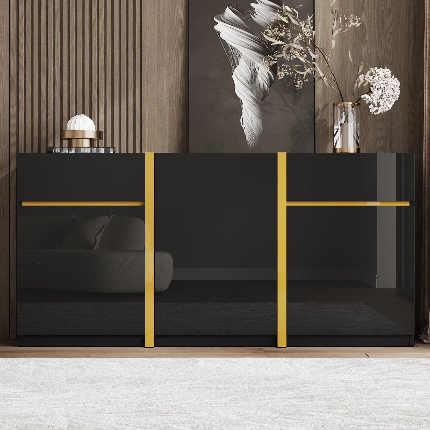 Luxurious Sideboard with 3 Doors and 2 Drawers, High-Gloss Lacquer Finish