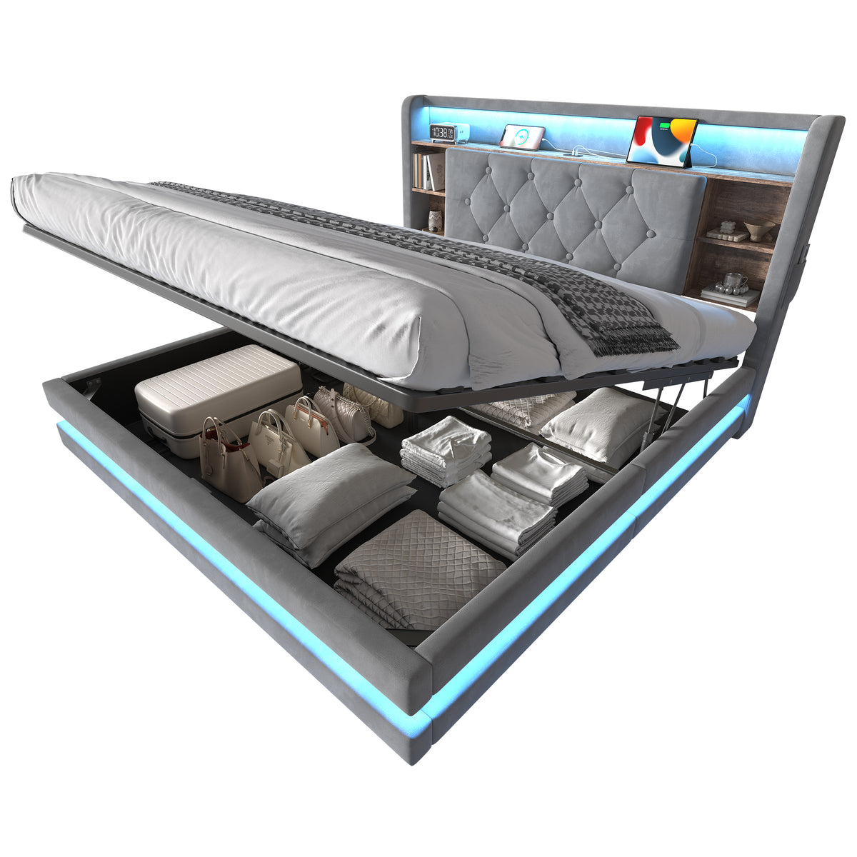 Upholstered Bed 140x200cm with Storage & LED, Velvet Dark Gray