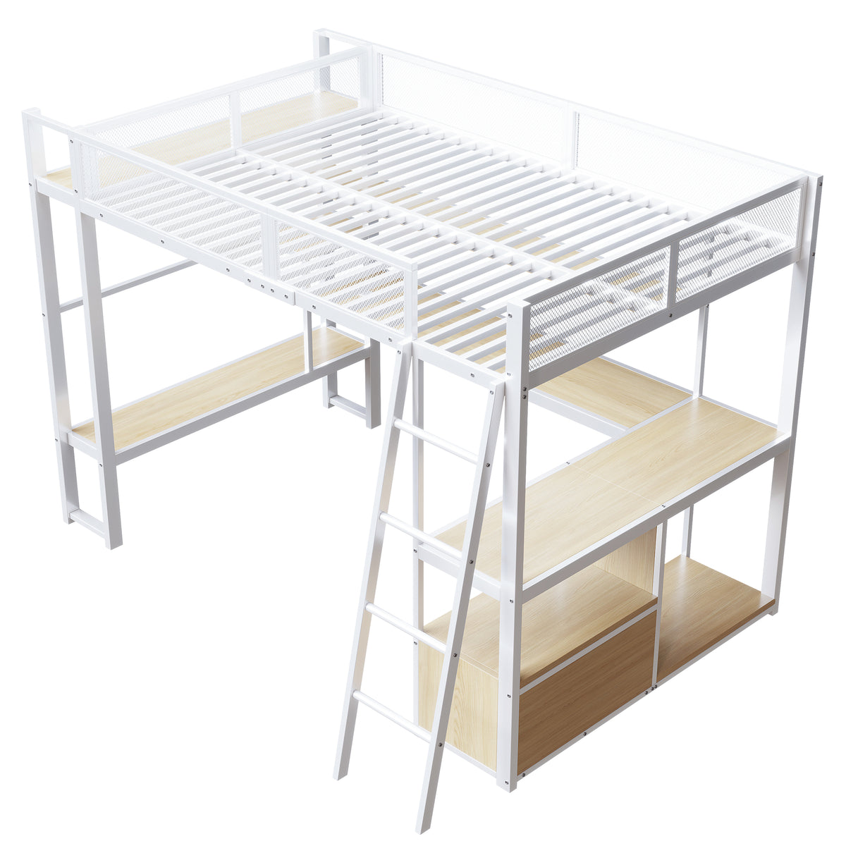 Gaming Loft Bed 140x200cm with Workspace & LED, White Metal