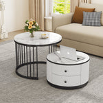 Coffee Table Set, Round Nesting with Drawers, White Marble Look