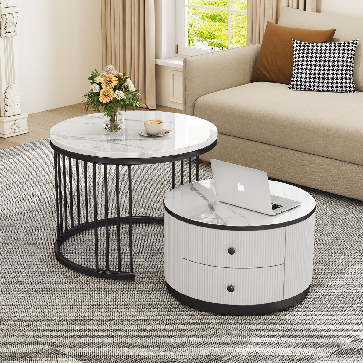 Coffee Table Set, Round Nesting with Drawers, White Marble Look