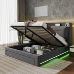 LED upholstered bed, 140 × 190 cm, hydraulic bed, 2-in-1 storage drawers at the foot of the bed, built-in LED light strips on both sides of the bed, slatted base, mattress not included, velvet, grey.