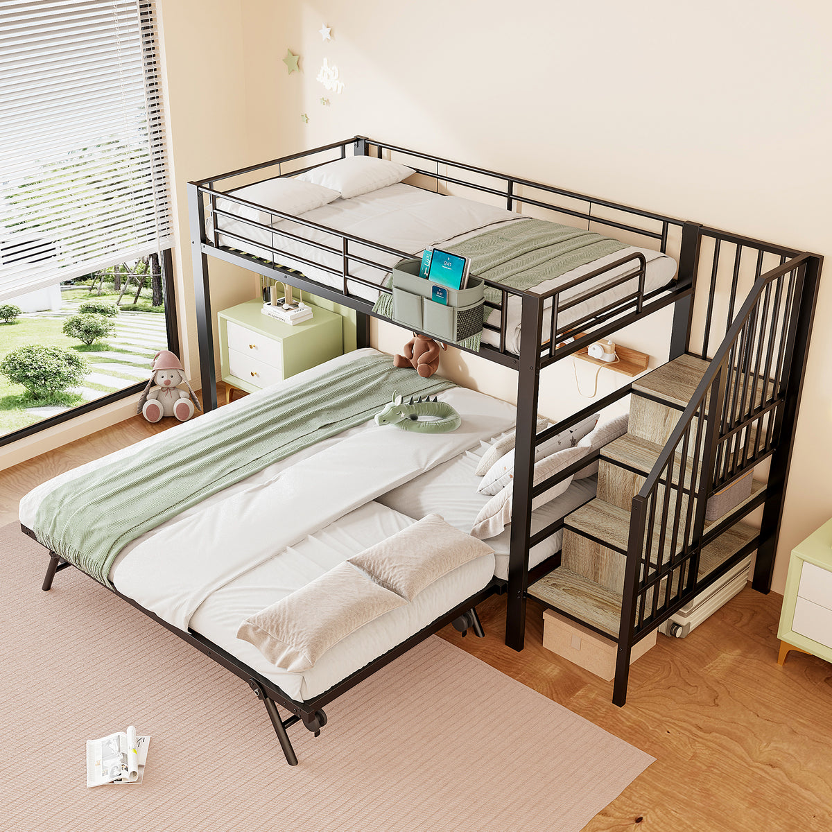 Bunk Bed with Pull-Out Bed & Storage Stairs, Black Iron Frame