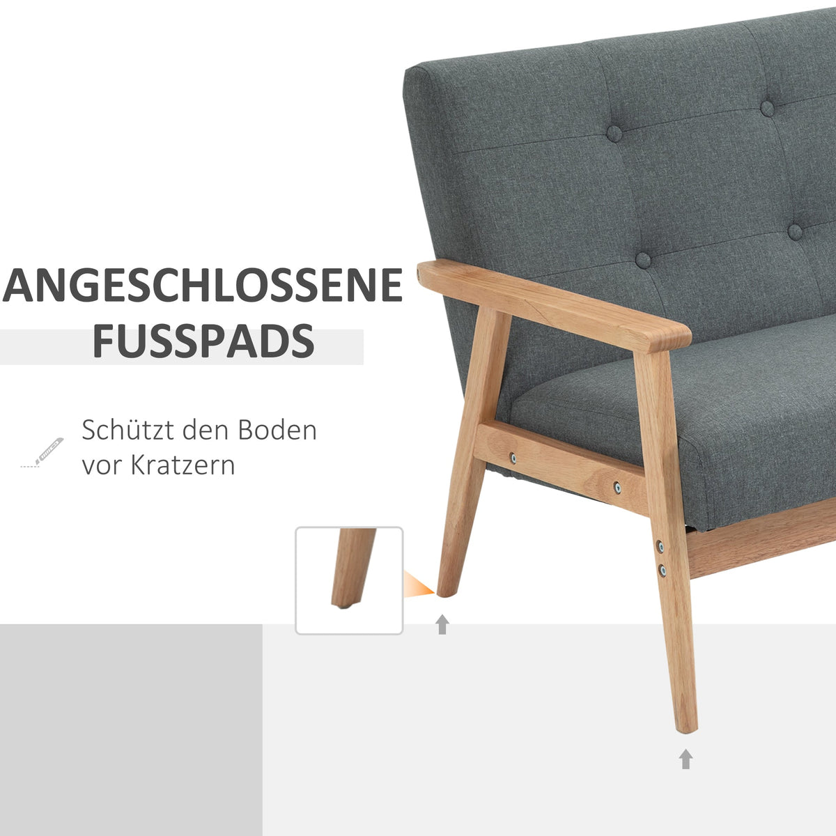 Double Sofa Loveseat, 2-Seater, Compact Design, Linen & Rubberwood, Grey