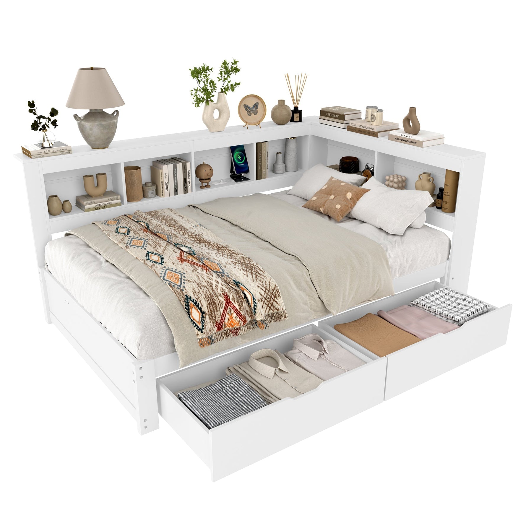 Daybed with 2 Drawers and USB Charging Ports, 140 x 200 cm, White Chipboard
