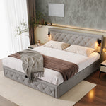 Upholstered Storage Bed 180x200 with USB & LED, Grey Linen