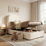 Upholstered Bed, 90x200cm Single Children's Bed with Hydraulic Storage and Slatted Base, Beige Bouclé
