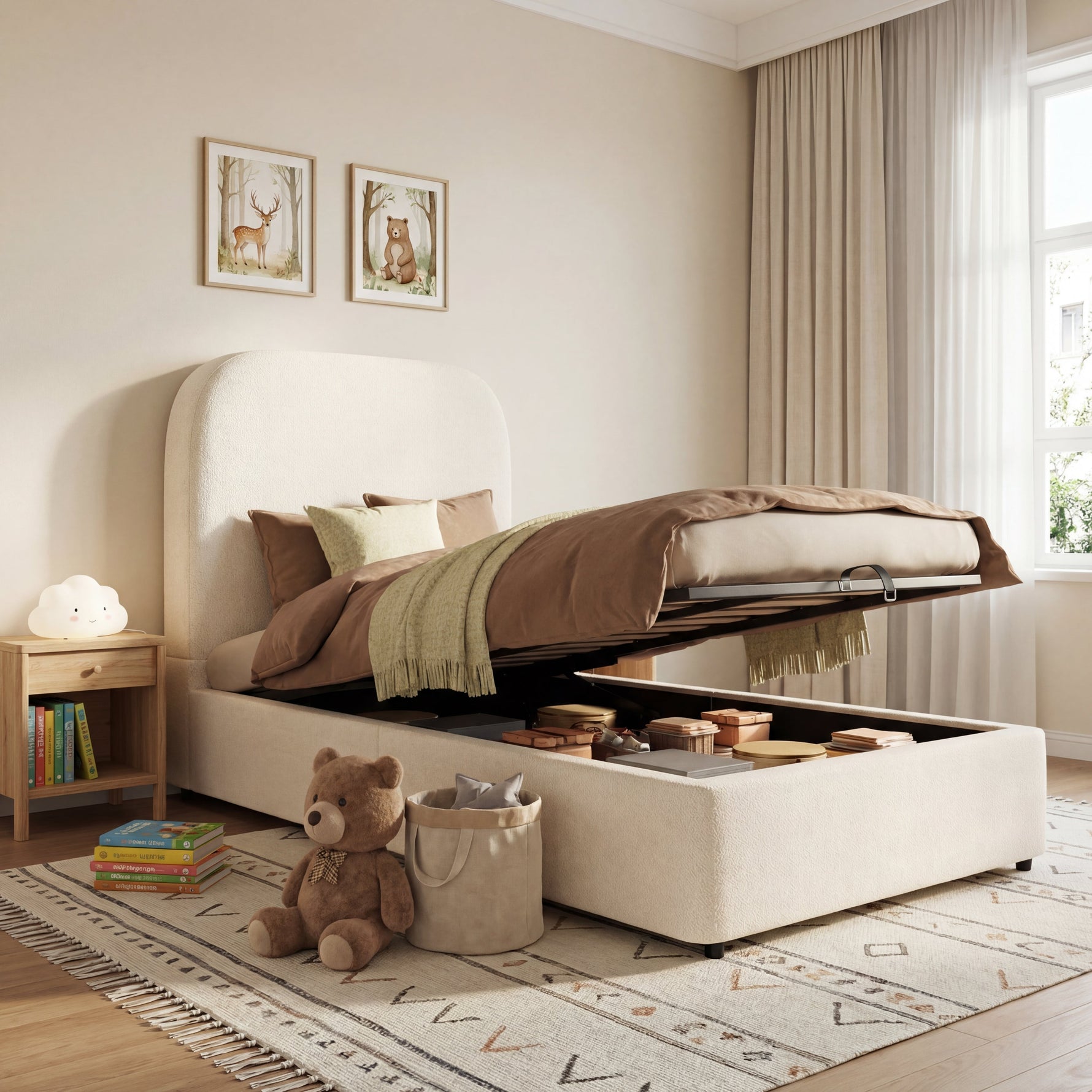 Upholstered Bed, 90x200cm Single Children's Bed with Hydraulic Storage and Slatted Base, Beige Bouclé