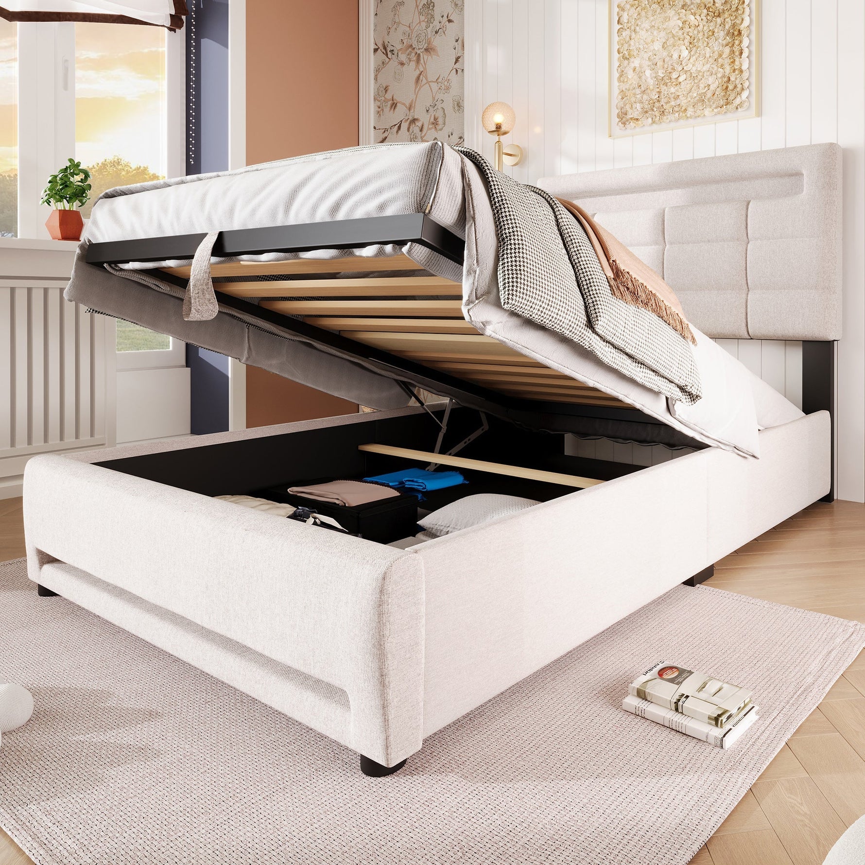 Upholstered Bed 90x200cm Hydraulic Storage LED USB App Control - Beige Linen
