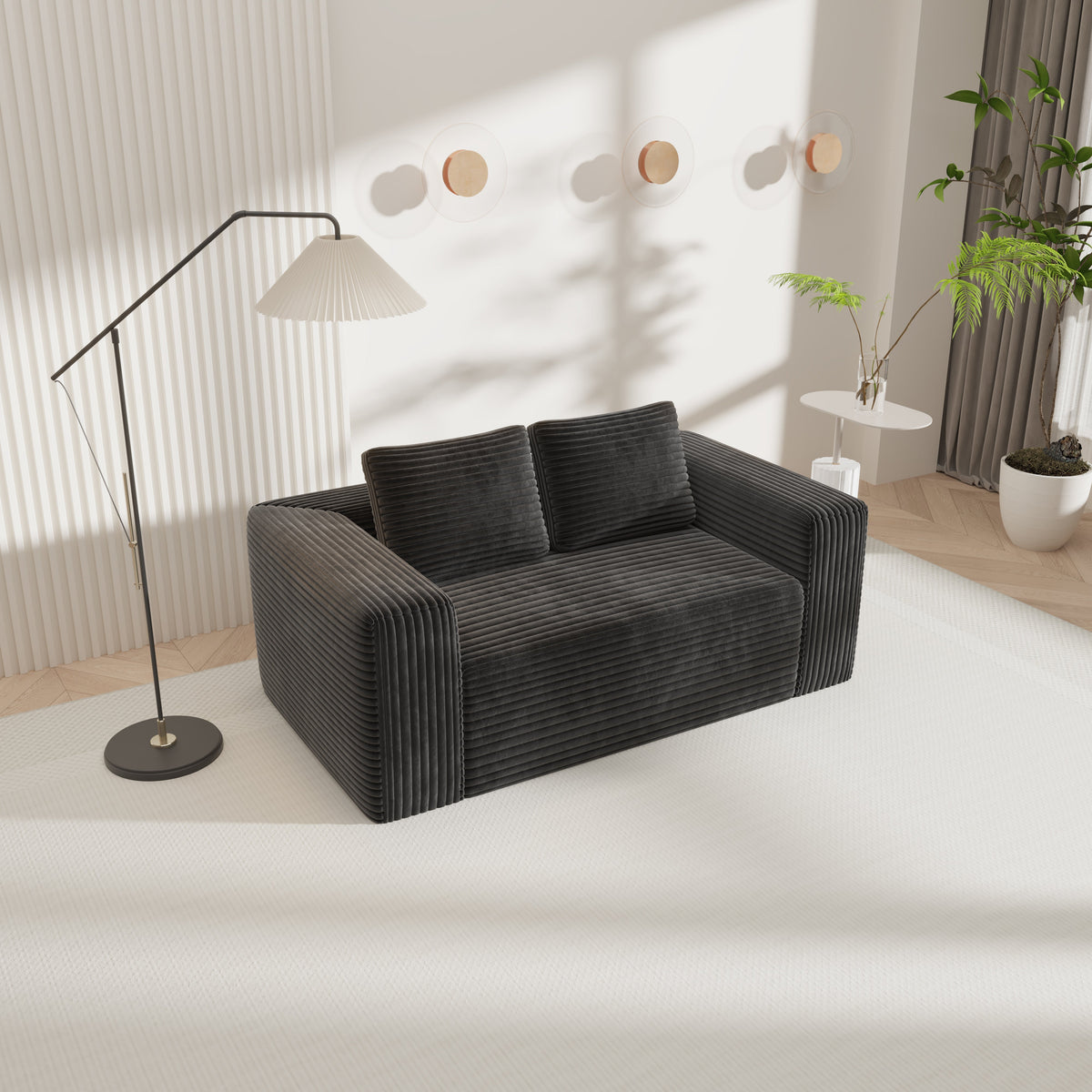 Boneless Deep Seat 2-Seater Couch No Assembly Foam Floor Sofa Plush Corduroy Black