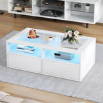 Coffee Table with LED Light and 2 Drawers, Glass and White