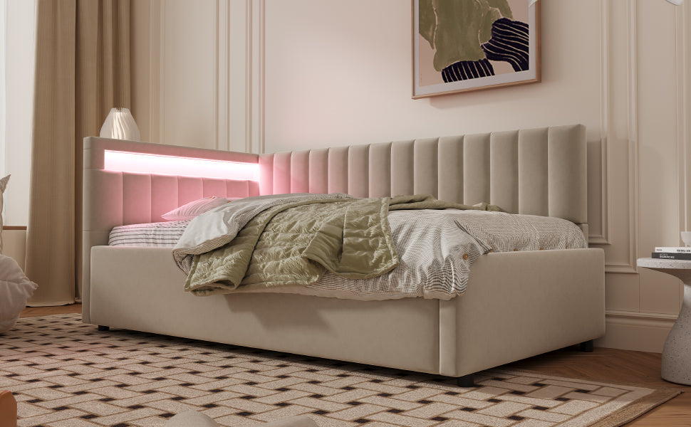 Upholstered Sofa Bed 90x200 with LED & Storage, Velvet, Beige