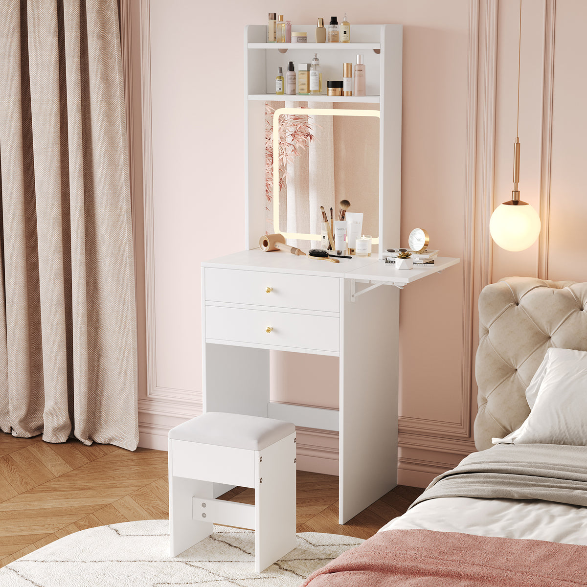 Small Dressing Table with LED Lighting, Stool & Drawers, White