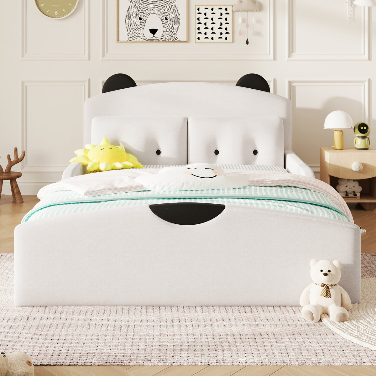 Platform Bed 140x200 with Bear Headboard & Cushions - White Linen