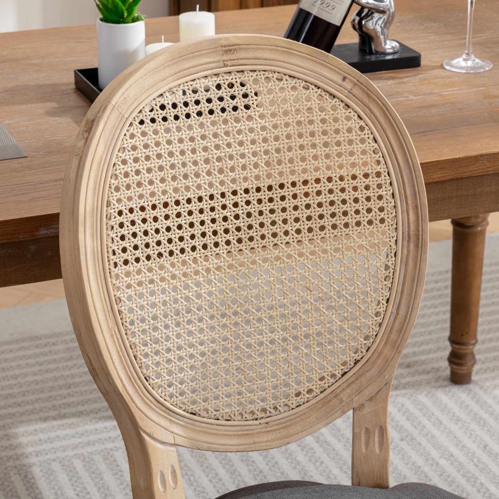 French Style Dining Chair Set of 2 Rattan Back Solid Wood - Gray Linen