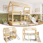 Children's Bunk Bed with Gable Roof, Shelf and 35cm Slide, 90x200cm, White and Natural Wood