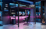 Gaming Loft Bed Frame with 140x200 Desk, LED and USB, Black Metal