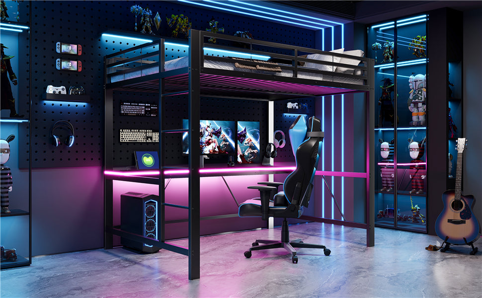 Gaming Loft Bed Frame with 140x200 Desk, LED and USB, Black Metal