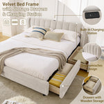 Double Bed 160x200cm Storage USB Charging Port Soft Chenille Beige