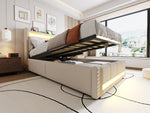 Upholstered Children's Bed with LED, USB, Storage, 90x200cm, Linen Fabric Beige