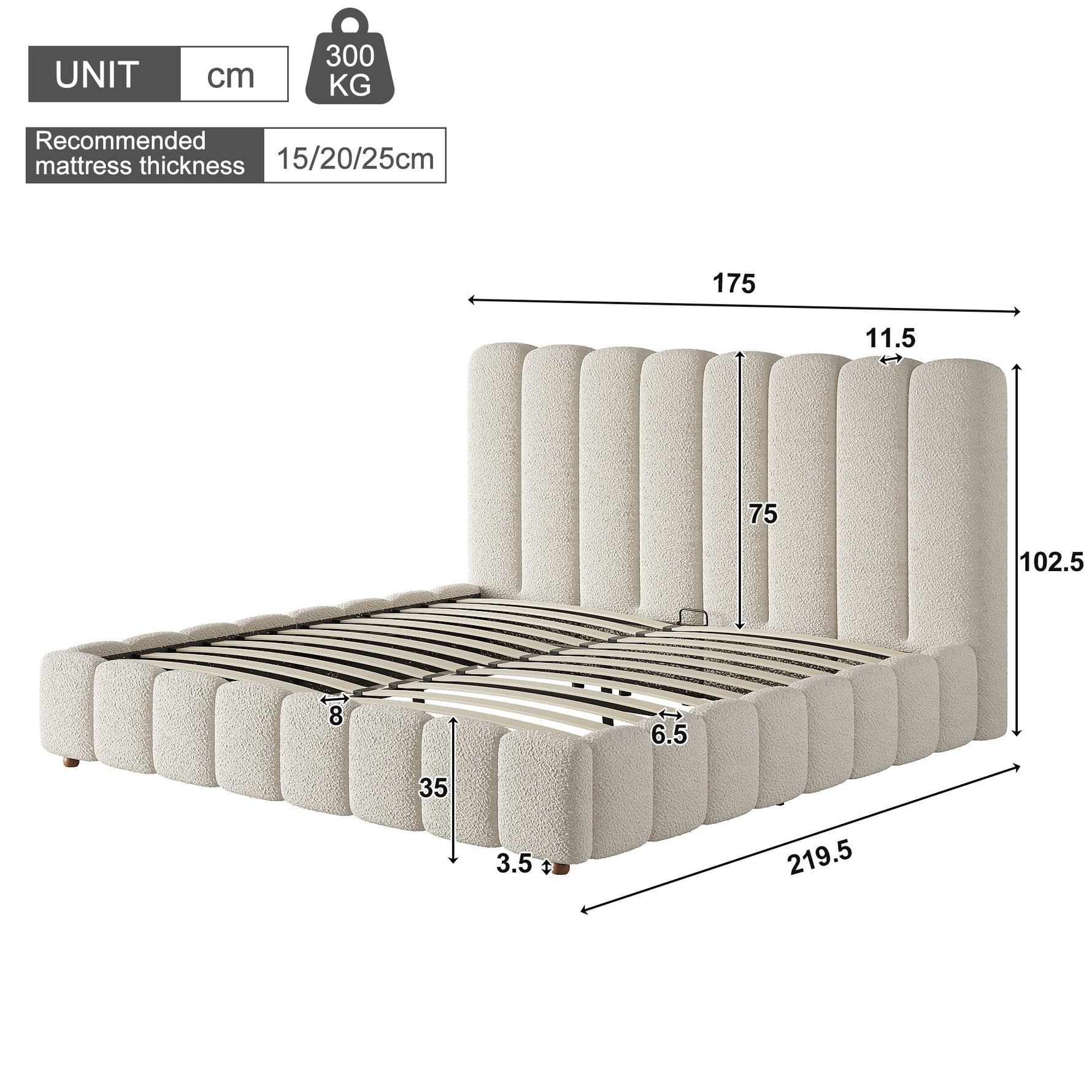 Upholstered Double Bed with Hydraulic Storage and Slatted Frame, 160x200cm, White Bouclé